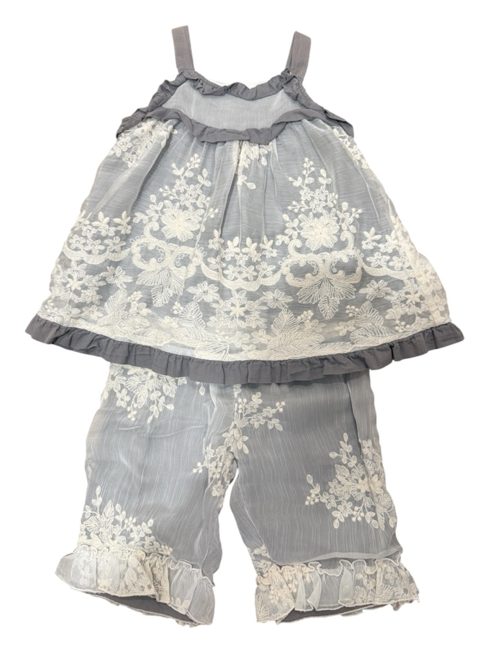 Girls Isabella & Chloe Gray Lace Two-Piece Set – Embroidered Top & Pants